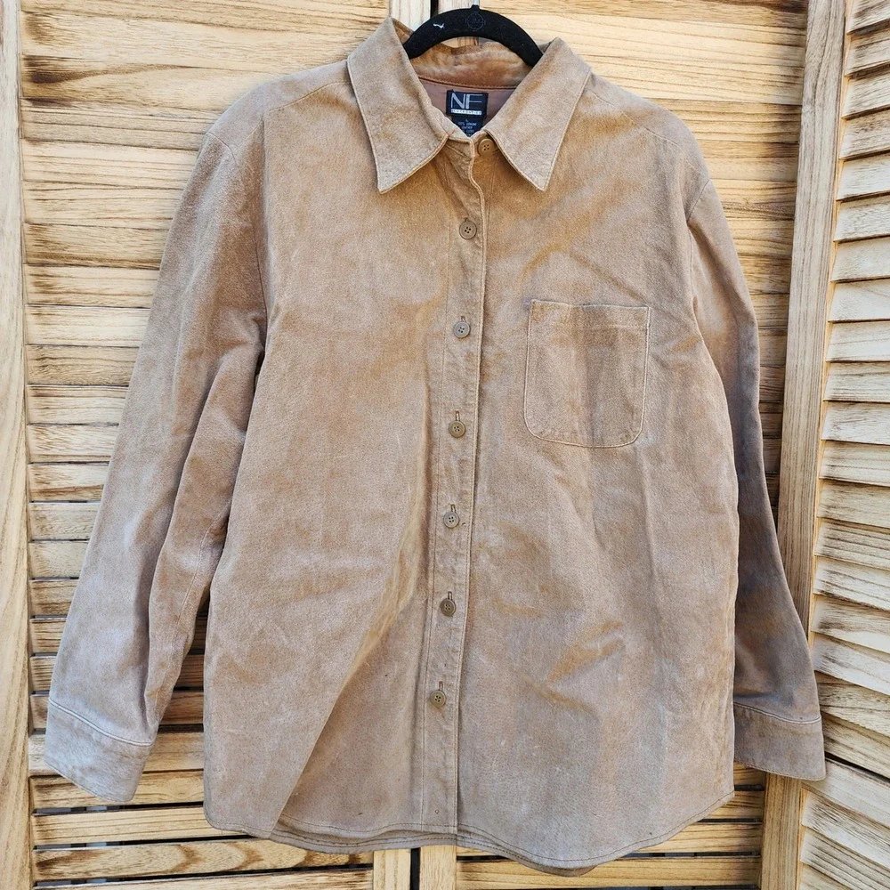 New Frontier Large Tan 100% Suede Leather Shirt Jacket Western Boho Minimalist